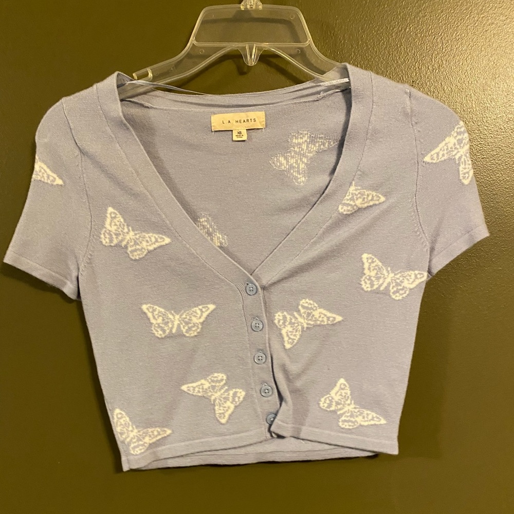 Blue Butterfly Button Up Crop Top